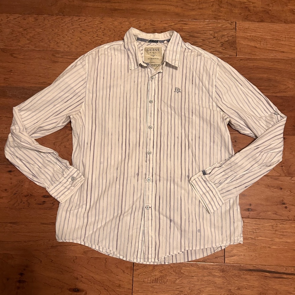 GUESS Men's Casual White Striped Shirt